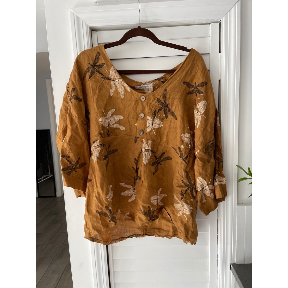 Viola Borghi Italy Linen Dragonfly Blouse Mustard Yellow Boho Top Size Med